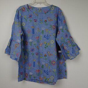 John Mark Linen Tunic Top Women's Plus Size 1X Blue Chambray Embroidered